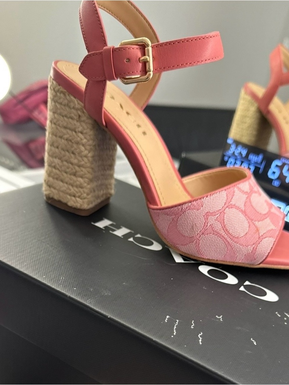 Coach Pink Signature Canvas Espadrille Wedge Sandal with Gold Buckle